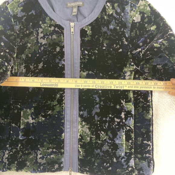 Eileen Fisher Printed Velvet Jacket Round Neck Zip Front Petite Small Blue Black - Picture 6 of 12